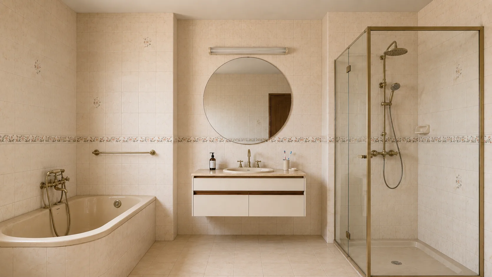 A dated bathroom with beige tiles before Pannello wall panelling