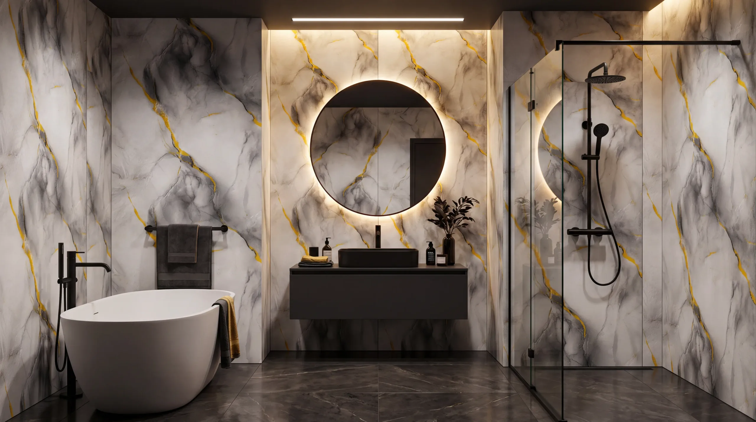 The same bathroom transformed with Pannello Smoke Stone Gold wall panelling